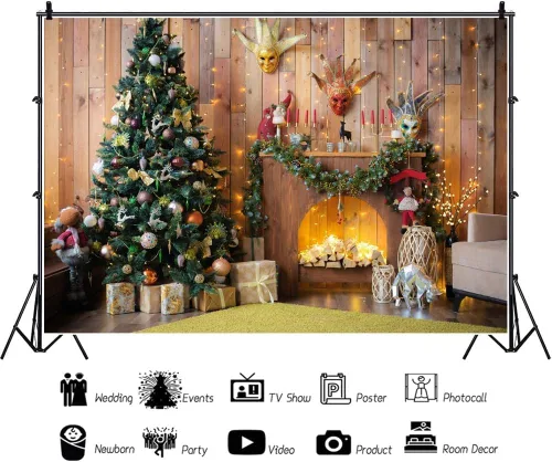 Miniatura 2 de Renaiss Fondo de chimenea de Navidad de 5 x 3 pies, cajas de regalo de árbol de Navidad retro marrón con purpurina, fondo de fotografía de Feliz