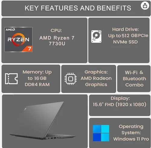 Miniatura 2 de Lenovo Laptop V15 Gen 4 para empresas (15.6" FHD antirreflejo, AMD Ryzen 7 7730U (Supera i7-1355U), 16GB RAM, 512GB SSD), teclado numérico, cámara