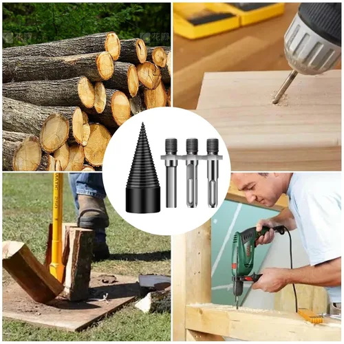 Miniatura 9 de Firewood Splitter Drill Bit, Removable Screw Cone Wood Drill Bit Set, Steel Kindling Splitter Drills Bits with 3 Attachment, Firewood Splitting Cut