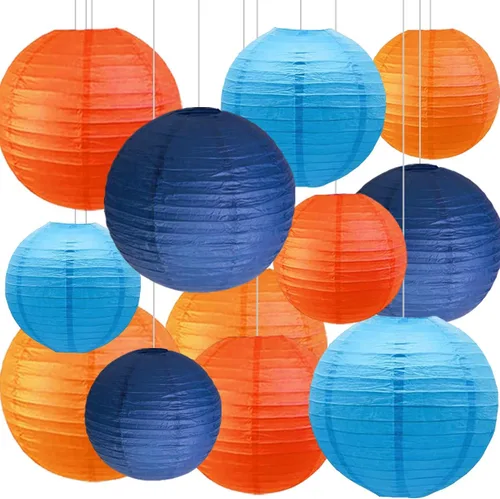 Decoraciones de fiesta azules y naranjas, 12 linternas de papel para cumpleaños, baby shower, boda, decoración de fiesta