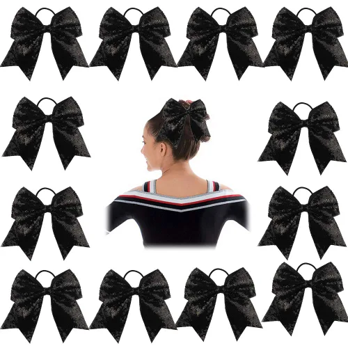 Oaoleer 12 lazos grandes con purpurina para el pelo de 7 pulgadas, banda elástica hecha a mano para animadoras, adolescentes, niñas, deportes Negro