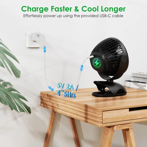 Miniatura 7 de Minthouz Ventilador de clip, ventilador de escritorio pequeño recargable USB-C de 8000 mAh, ventilador de escritorio pequeño de 4 velocidades