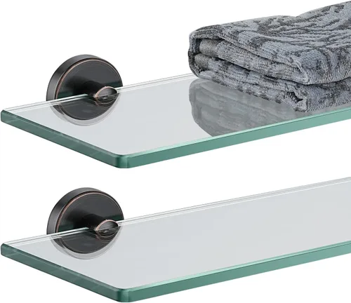 Miniatura 22 de JQK Estantería de baño de vidrio bronce, estante con toallero de 15 pulgadas de vidrio templado, almacenamiento para ducha de 16 por 5 pulgadas