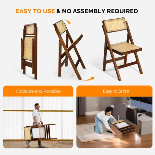 Miniatura 6 de VINGLI Silla de comedor de ratán, silla plegable de madera con respaldo giratorio de 360°, marco de madera de caucho y asiento y respaldo tejidos