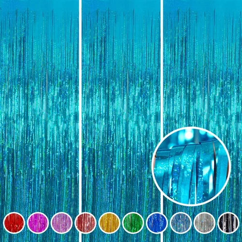 Miniatura 22 de Cortinas de flecos de aluminio para decoraciones navideñas - Melsan, paquete de 3, 3.2 x 8.2 pies, cortinas de oropel verde para fondo de fotos