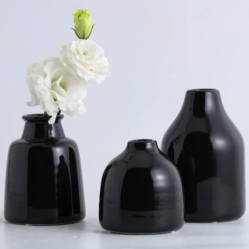 Miniatura 6 de Juego de 3 jarrones negros pequeños para decoración moderna del hogar, jarrones de cerámica para centros de mesa, jarrones de flores para sala