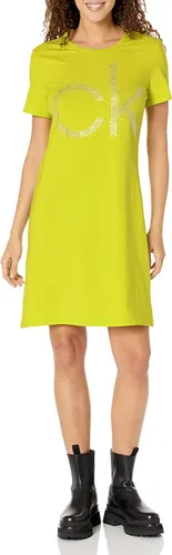 Calvin Klein Vestido tipo camiseta de manga corta con logotipo esencial para mujer