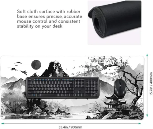 Miniatura 2 de Alfombrilla de mouse para juegos de acuarela japonesa negra y blanca con flor de cerezo de 35.4 x 15.7 pulgadas, XXL extendida, alfombrilla de mouse