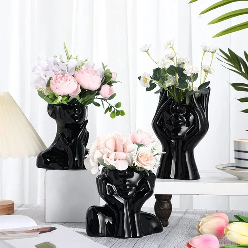 Sieral 3 piezas de jarrón de cerámica con forma de cara femenina moderna con cuerpo de flor para decoración con cabeza, media forma de cuerpo,