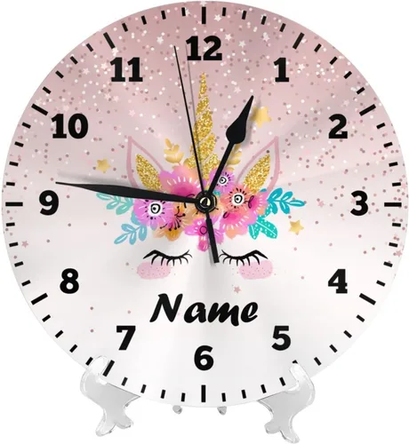Miniatura 2 de Reloj de pared personalizado con diseño de unicornio y rosa con purpurina para habitación de los niños, reloj de pared personalizado con nombre