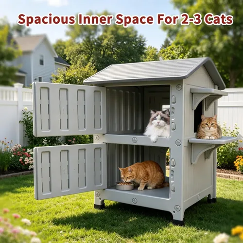 Miniatura 3 de Rockever Casa de gatos al aire libre de plástico con forro aislado, 100% casas de gatos al aire libre aisladas para invierno, refugio para gatos al