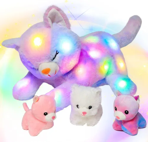 Miniatura 14 de Hopearl Conejo de peluche LED con luces, juguete de peluche con mamá y 3 bebés en su barriga, nana animada, calmante para mamá, niños pequeños