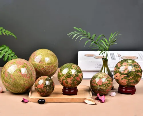 Miniatura 6 de JIC Gem Bola Esférica Pequeña de Cristal Natural de Piedra Unakita Bola de Cristal Curativa con Soporte de Decoración para Meditación Feng Shui