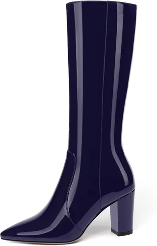 Miniatura 72 de AMBELIGHT Botas altas hasta la rodilla con cremallera y puntera puntiaguda para mujer, de patente sólida, tacón alto, 3.3 pulgadas