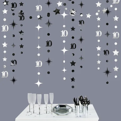 Miniatura 7 de Decoraciones negras de cumpleaños número 10, guirnalda de estrellas centelleantes con diseño de círculos, telón de fondo metálico para niñas, niños