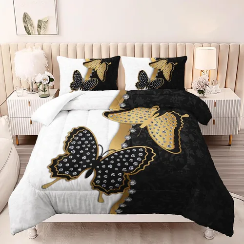 AILONEN - Juego de edredón de mariposas tamaño individual, diseño de diamantes de mariposas en negro y dorado, juego de ropa de cama de lujo negro y