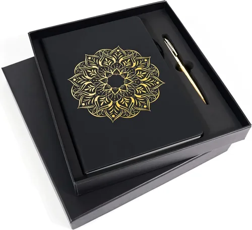 Veway Juego de regalo de diario y bolígrafo de mandala - Diario de cuero vegano con bolígrafo - Diario profesional para mujeres u hombres - Juego de