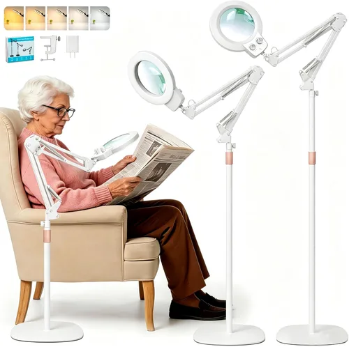 Miniatura 10 de 2 in 1 Floor Magnifying Glass with Light and Stand, Dual Knob Infinite Color Dimmable 12X&30X Large Lighted Magnifier Workbench lamp for Close Work