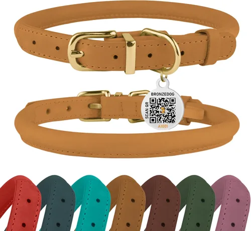 Miniatura 27 de Collar de cuero enrollado, redondo, suave y ajustable con placa de identificación por QR para perro pequeño, mediano y grande, cachorro y gato Rosa