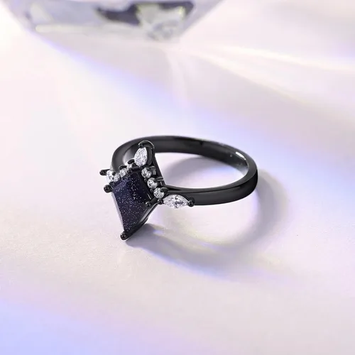 Miniatura 4 de Anillo de boda gótico negro con piedra arenisca azul, anillos de promesa únicos para mujer