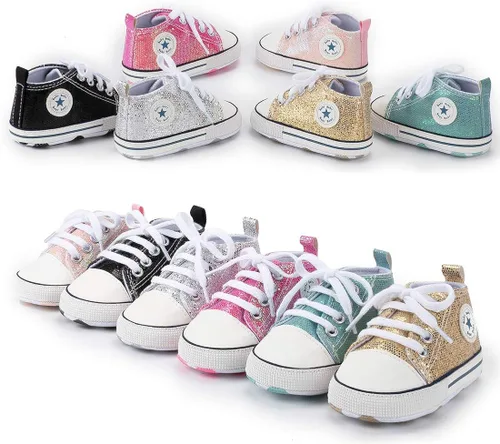 Miniatura 8 de Zapatos de bebé, para niñas o niños, suaves, suela antideslizante, para recién nacidos y primeros pasos, de estrella, tenis caña alta de lona