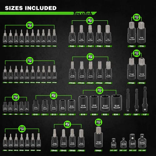 Miniatura 2 de TecoTek Juego de 67 piezas Master Torx Bit Socket y Enchufe Torx Externo, unidades de 1/4", 3/8" y 1/2", acero S2 y Cr-V, E4 - E24, T6 - T70, TT6