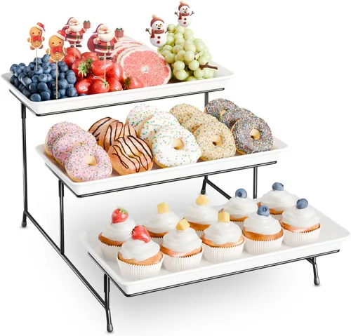 Miniatura 13 de Set de bandejas de servir de 3 niveles de melamina, bandejas de 29 x 14 pulgadas para servir alimentos, bandejas reutilizables blancas con soporte
