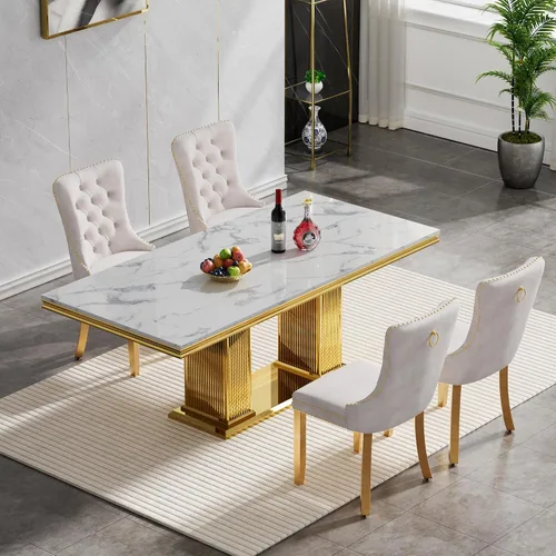 Miniatura 2 de Juego de mesa de comedor de 5 piezas, moderno juego de mesa de comedor para 4, 70 pulgadas, juego de mesa de comedor de mármol sintético blanco