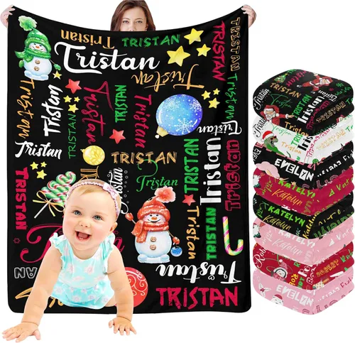 InterestPrint Manta de bebé personalizada con nombre, lindo muñeco de nieve negro, manta personalizada con nombre para niños, niñas, niños, manta