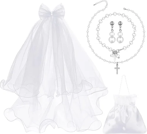 Juego de 5 accesorios para la primera comunión para niñas, incluye lazo y dije colgante con velo en peine para el cabello, bolso de flores de satén
