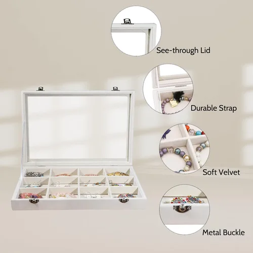 Miniatura 2 de Stratalife Organizador de joyas, organizador de pulseras, caja de almacenamiento apilable de 12 rejillas con tapa, joyero de terciopelo para cajón