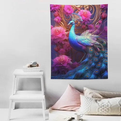 Miniatura 8 de JHION Tapiz de pavo real, hermoso tapiz de pájaro para colgar en la pared, tapices estéticos psicodélicos, arte de pared, decoración del hogar