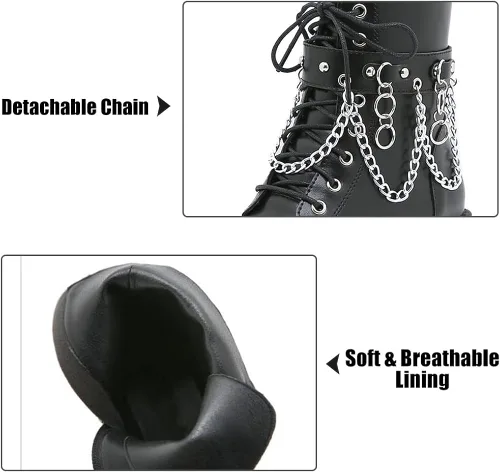 Miniatura 3 de mikarka Botas de plataforma de cadena para mujer, con cordones y cremallera, tacón grueso, botines de combate negros, botas de motocicleta