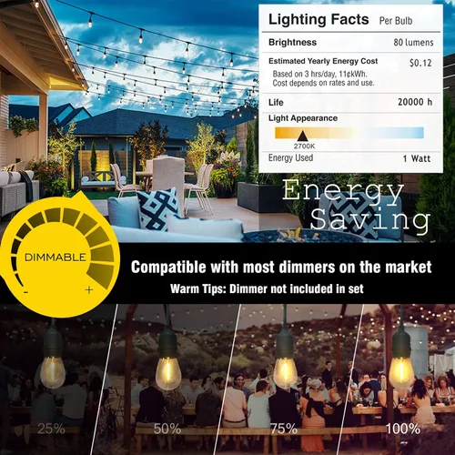 Miniatura 5 de Tira de luces para exteriores, luz de patio de 100 pies con 32 bombillas Edison regulables S14 inastillables, iluminación exterior resistente al