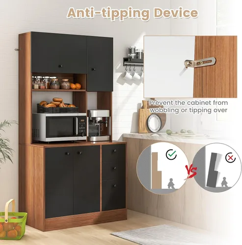 Miniatura 8 de Giantex Despensa de cocina, buffet con 3 armarios de almacenamiento, armario grande de piso de 71 pulgadas con 3 cajones profundos, encimera ancha