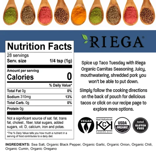 Miniatura 3 de Riega Street Taco Seasoning, mezcla de especias mexicanas orgánicas para cocinar comidas auténticas, carnitas, paquetes de 1.1 onzas, 8