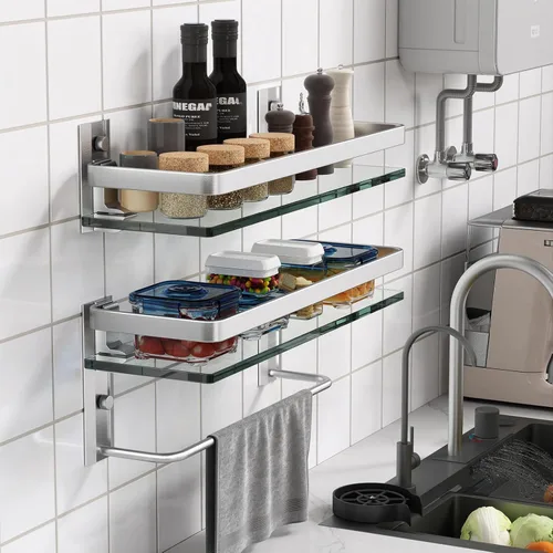 Miniatura 8 de Danpoo Estantes de baño montados en la pared, estante de vidrio templado transparente con toallero, soporte para toallas de mano (plata mate)