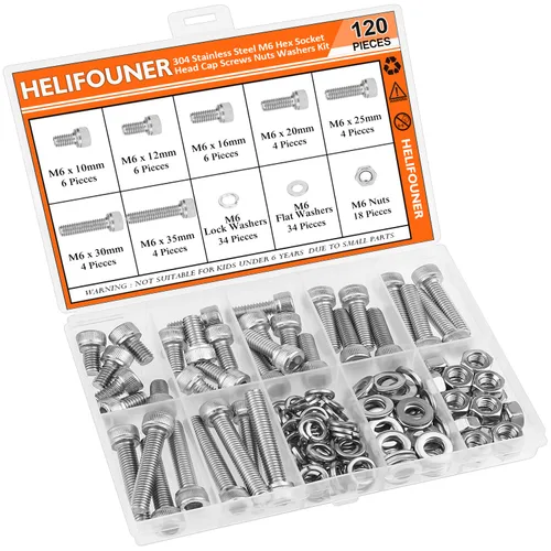 Miniatura 7 de HELIFOUNER 120 piezas M6 x 0.394 in /0.472 in /0.630 in /0.787 in /0.984 in /1.181 in /1.378 in, cabeza hexagonal, tornillos, arandelas, tuercas