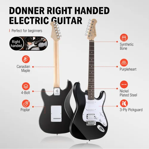 Miniatura 3 de Donner DST-100B - Kit para principiantes de guitarra eléctrica de 39 pulgadas, cuerpo sólido, tamaño completo, negro, HSS para principiantes