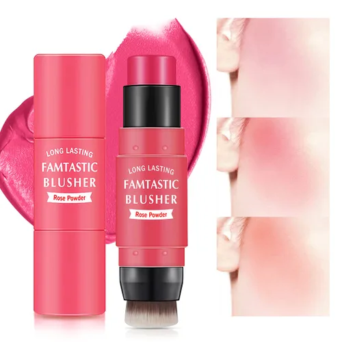 LOKFAR Rubor en barra en crema para mejillas – Rubor de maquillaje múltiple 2 en 1 con pincel para tinte de mejillas, ojos y labios, textura suave e