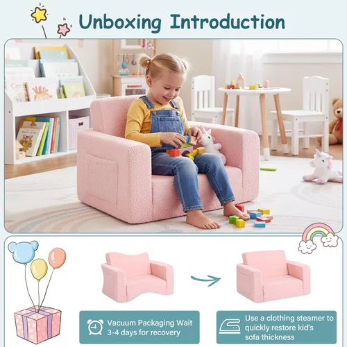 Miniatura 8 de Tiita Sillón Sofá para Niños, Sillas Sofá Cómodas Plegables para Niños Pequeños, Sofás de Felpa 2 en 1 Desplegables para Niños, Silla con Rosa