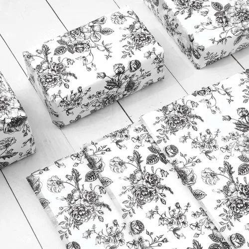 Miniatura 4 de JarThenaAMCS 100 hojas de papel de seda floral negro chinoiserie, papel de regalo de flores vintage, papel decorativo para manualidades, cumpleaños