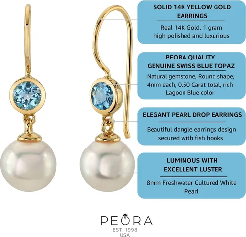 Miniatura 5 de Peora Aretes colgantes de oro amarillo de 14 quilates, perlas blancas cultivadas en agua dulce de 0.315 in y topacio azul suizo genuino para mujer