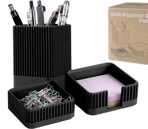 Miniatura 10 de Juego de 3 organizadores estéticos de escritorio y accesorios con soporte para bolígrafos, soporte para clip, soporte para notas adhesivas, soporte