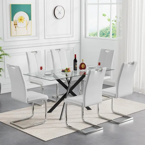 Miniatura 11 de Juego de mesa de comedor de cristal negro de 51 pulgadas para mesa de cocina de 4,5 piezas y sillas con patas de metal y 4 sillas de comedor de piel