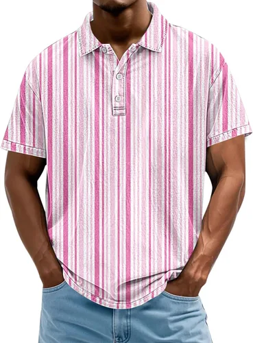 Miniatura 18 de Camisa polo de manga corta para hombre, camiseta de golf a rayas, de manga corta, para vacaciones, casual, cuello en V, camiseta de verano con Rojo