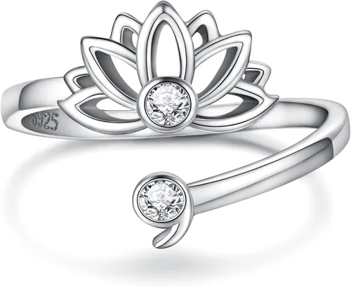 MANBU Anillo de plata de ley con forma de loto y semicócolo Anillo ajustable con diseño de flor de loto, regalo inspirador para mujeres,
