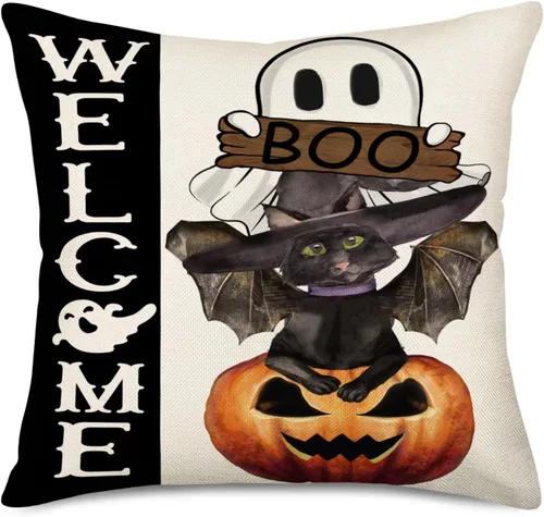Miniatura 12 de Funda de almohada de fantasma de Halloween de 16 x 16 pulgadas, rayas blancas y negras con espeluznantes fundas de almohada de lino y algodón