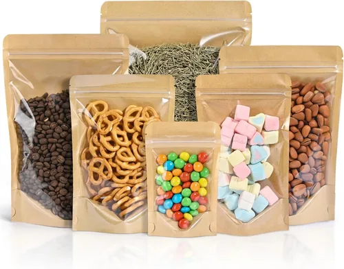 Miniatura 9 de FireKylin 100 bolsas de pie de 3.5 x 5.5 pulgadas, bolsas de papel con ventana frontal transparente, cremallera resellable, almacenamiento de Marrón