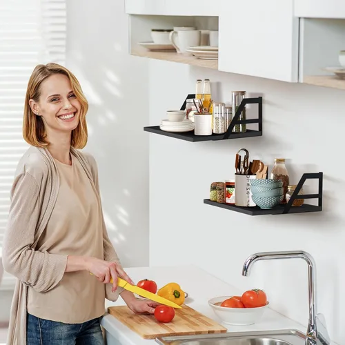 Miniatura 3 de Tectocker-DOU 2 estantes flotantes profundos; estantes colgantes montados en la pared para sala de estar, cocina, oficina, baño y decoración de Negro
